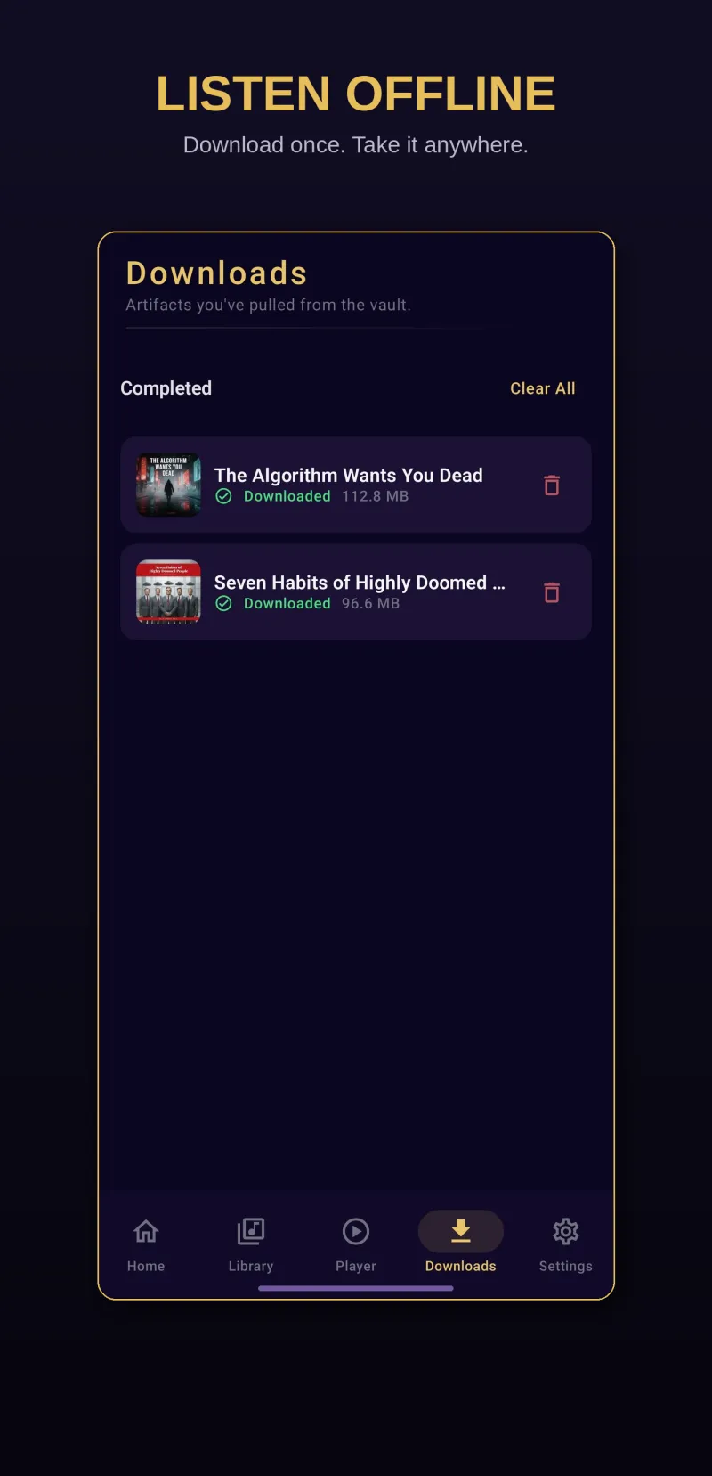 Nine Lives Audio downloads screen showing download queue with progress and controls