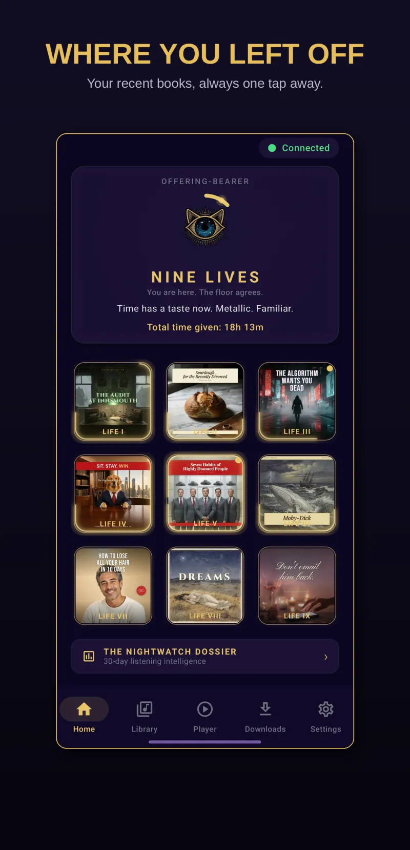 Nine Lives Audio home screen showing a 3x3 grid of recently played audiobooks with fluorescent progress glow