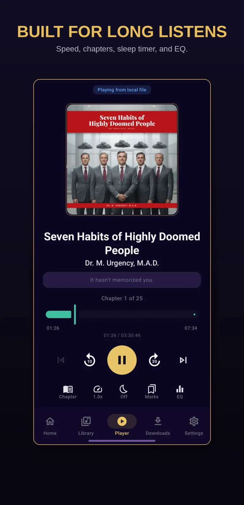 Nine Lives Audio player screen with dual progress rings, chapter navigation, and playback controls